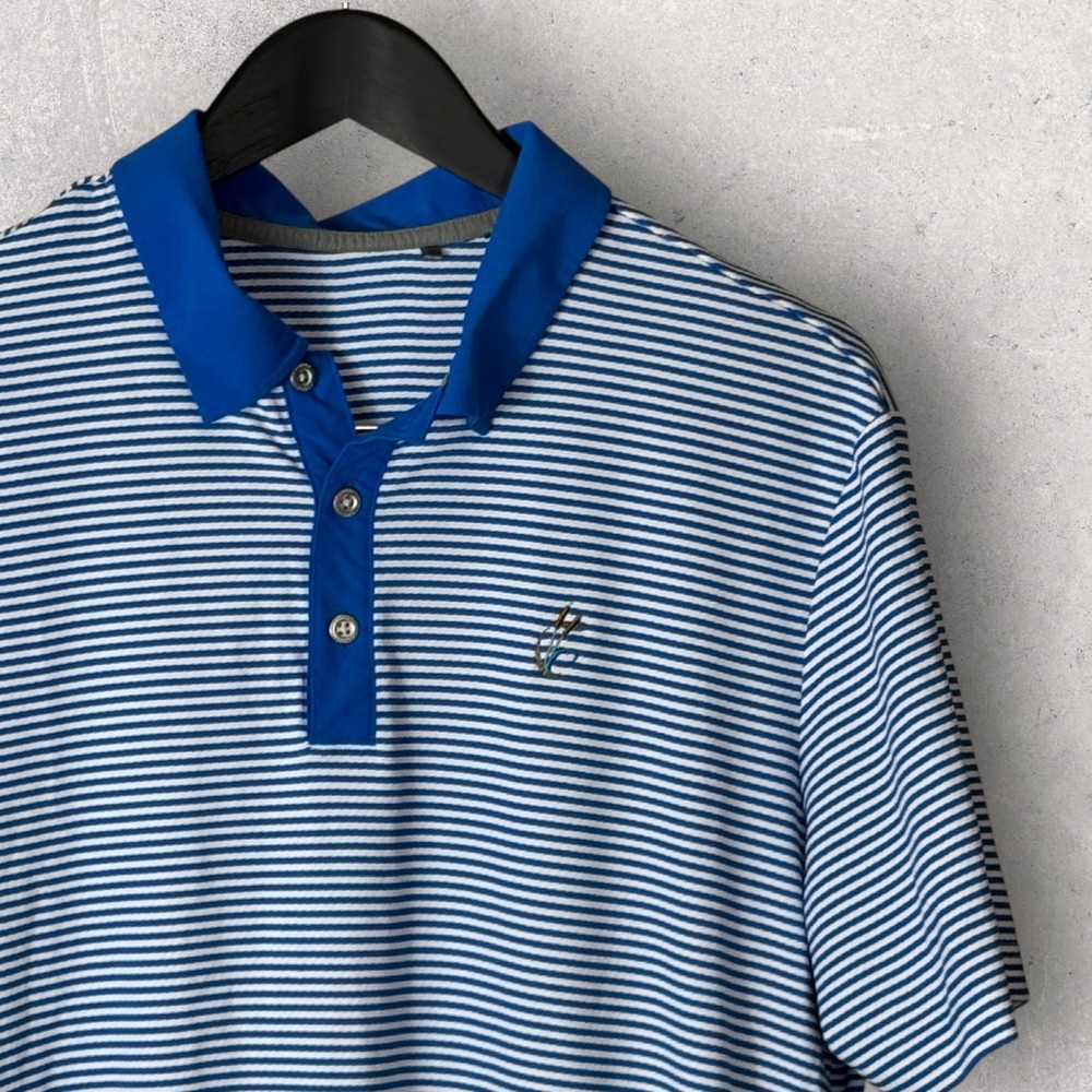 Adidas Polo Golf Shirt Men's Blue White Striped HeatRdy Moisture Wicking Stretch